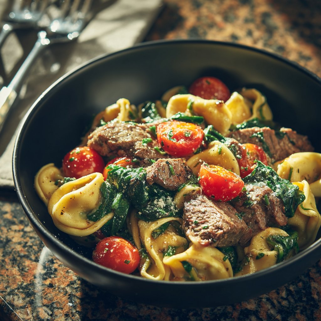 Garlic Steak Tortellini with Spinach and Cherry Tomatoes